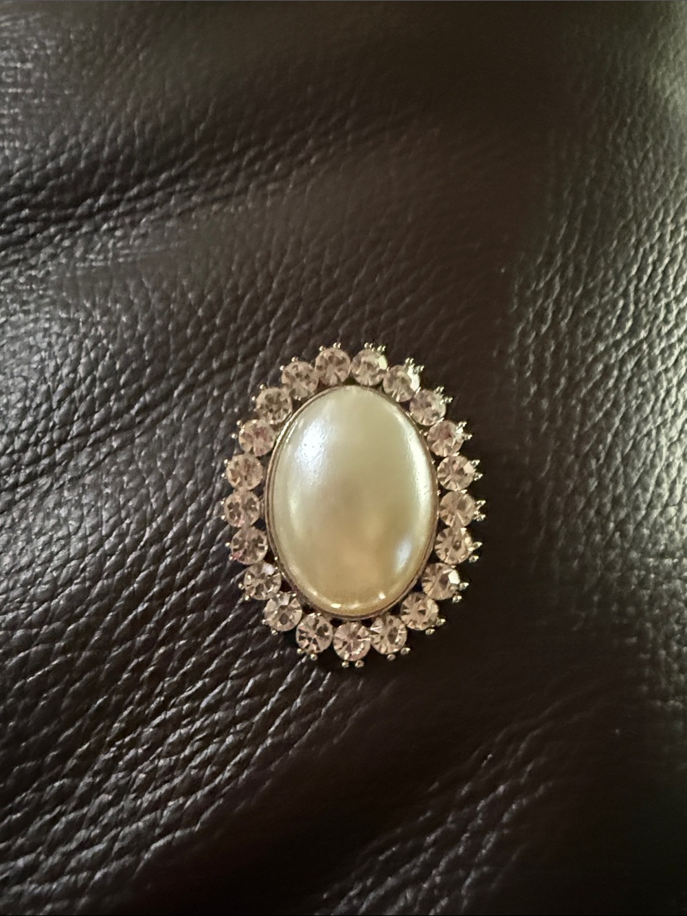 Classic Faux Pearl-Style Oval Brooch with Crystal Halo - White